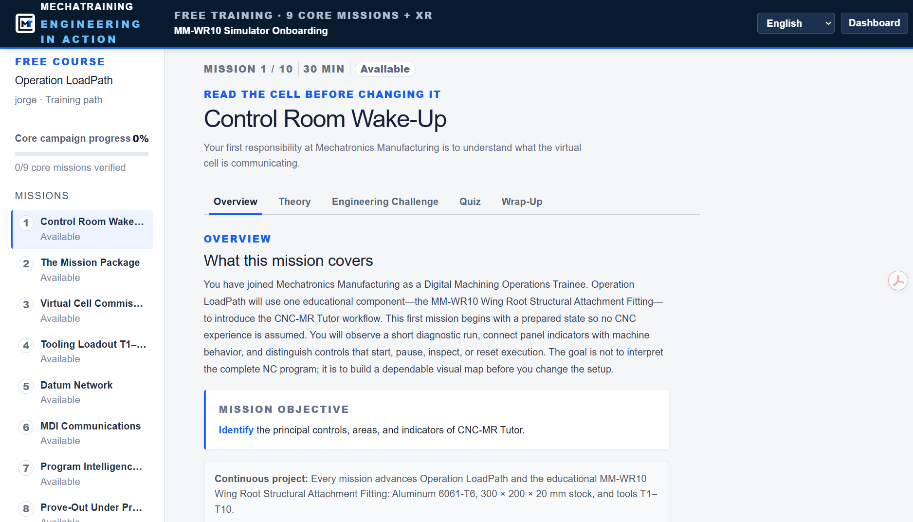 MechaTraining mission-based CNC course showing simulator onboarding, theory, an engineering challenge, a quiz, and mission progress